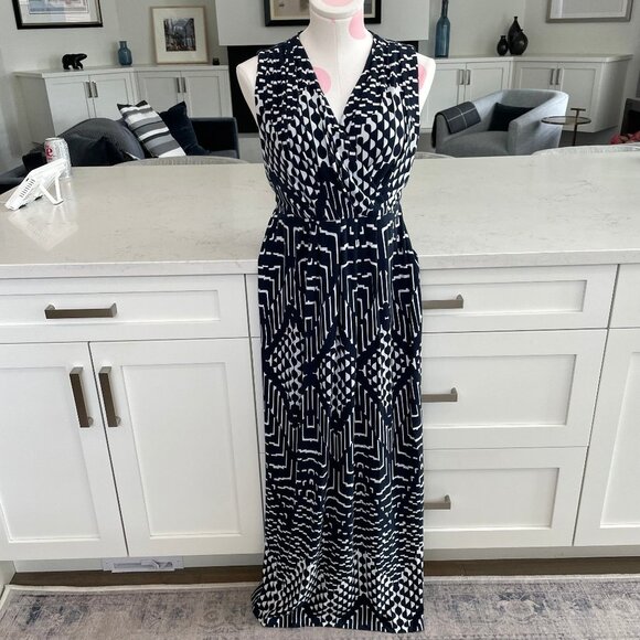 Mario Serrani Italy Slvless V Nk Faux Wrap Geo Print Maxi Dress Navy Sz M - Picture 1 of 10